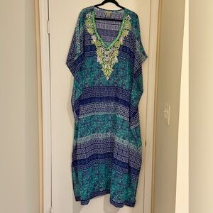 Blue Green Womens Kaftan MuMu Beaded Housedress Coverup XL XXL Maxi